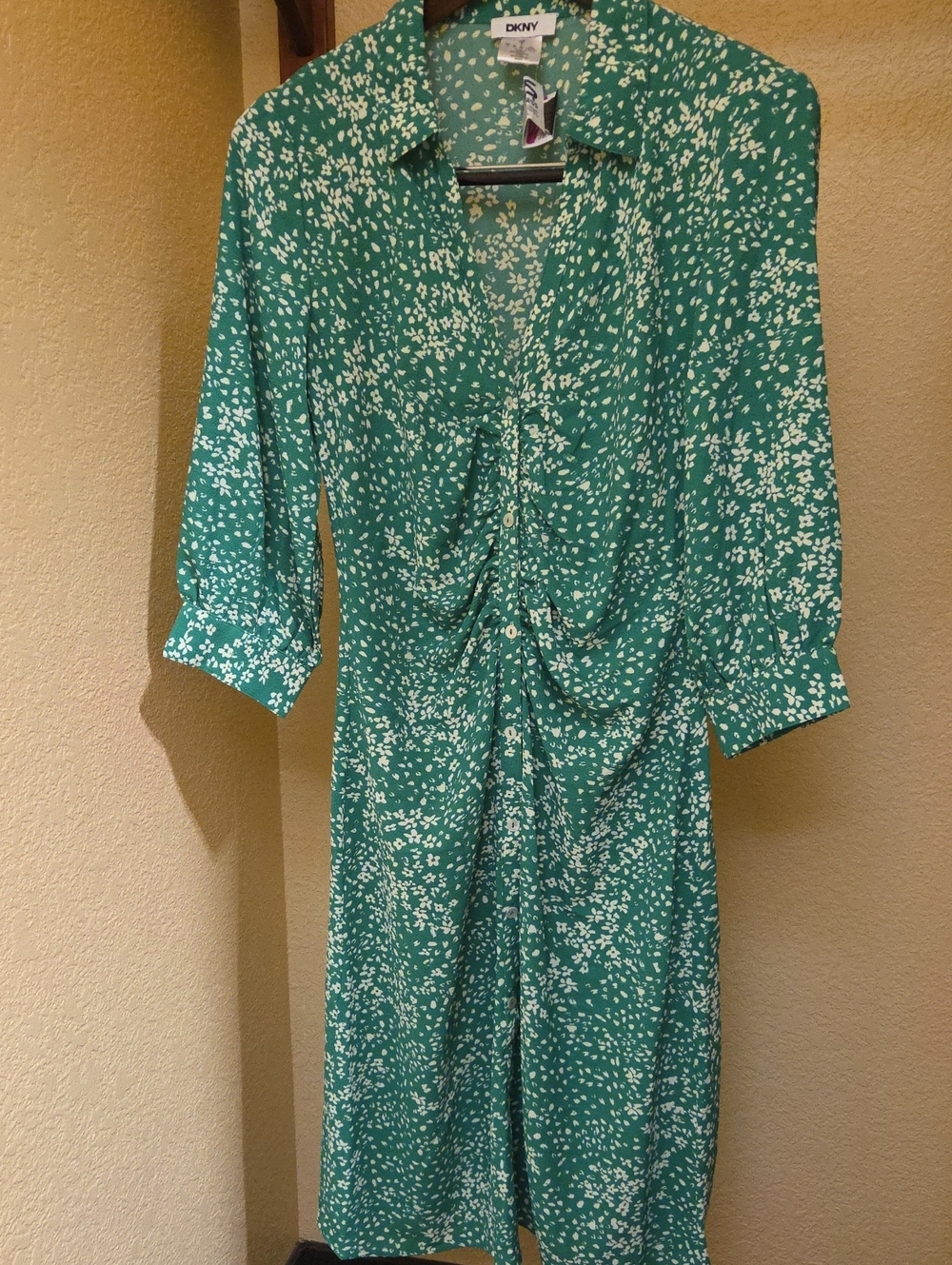 DKNY Midi Shirt Dress Green Ditsy Floral 3/4 Sleeve Button-down Apple Sz 6 NWOT
